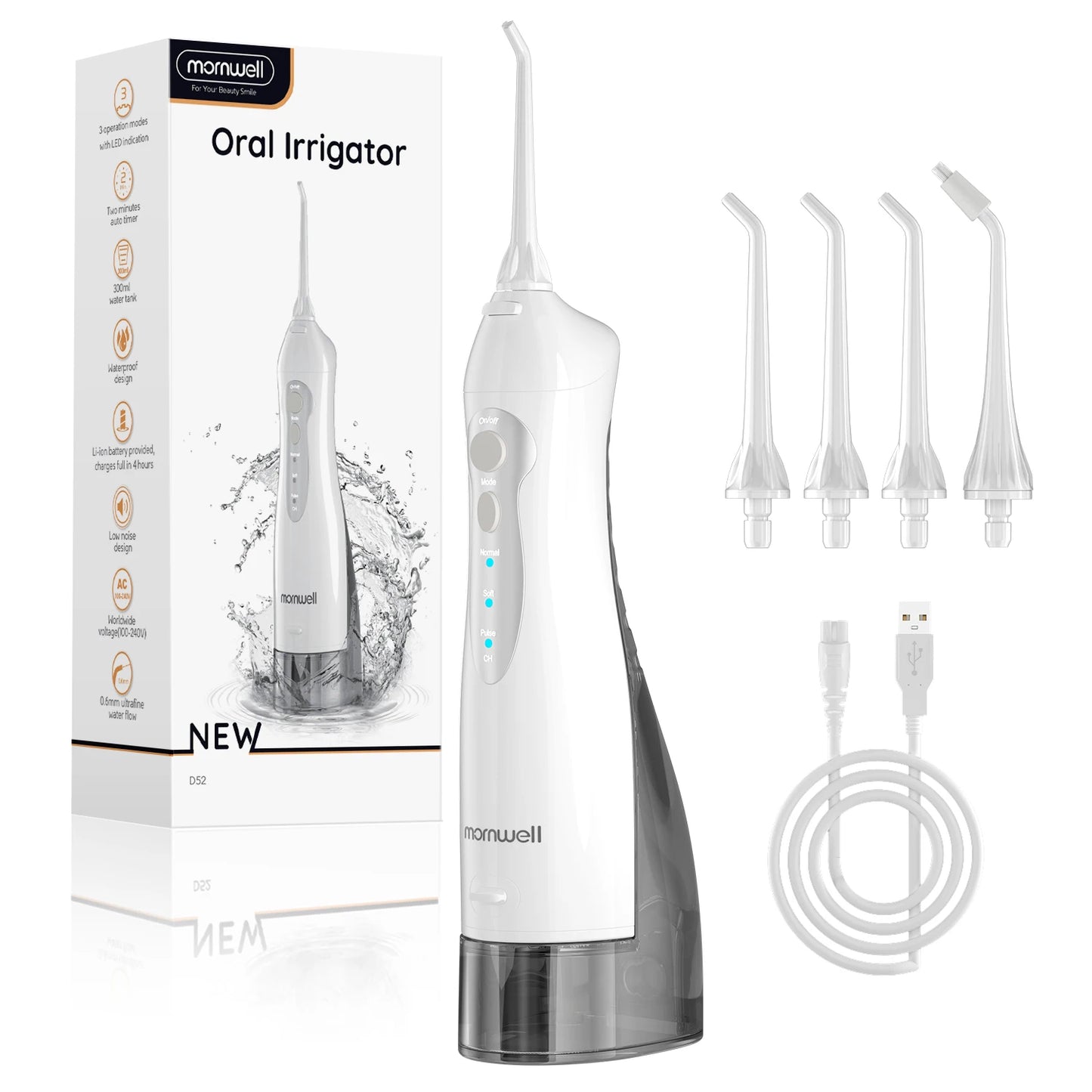 Smart Water Flosser - Compact USB Water Flosser with 4 Tips & 3 Modes